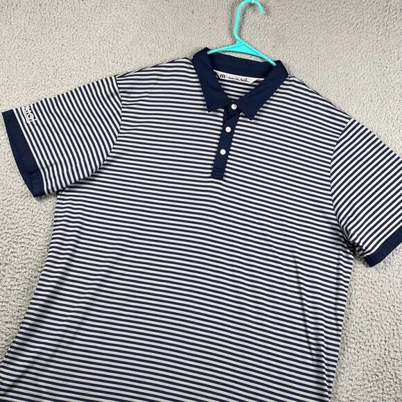Travis Mathew Golf Polo Shirt Men's 2XL Navy Gray Striped Causal Performance - Picture 1 of 14